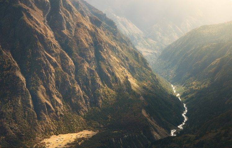 nature, Landscape, Mountain, River, Mist, Waterfall, Shrubs, Sunlight, Himalayas, Nepal HD Wallpaper Desktop Background