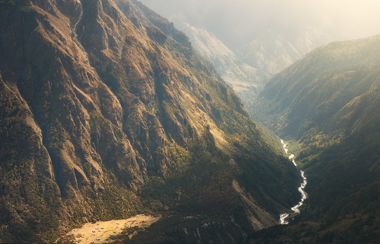 nature, Landscape, Mountain, River, Mist, Waterfall, Shrubs, Sunlight, Himalayas, Nepal Wallpaper