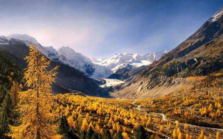 nature, Landscape, Mountain, Forest, Fall, Snowy Peak, Valley, Yellow, Trees, Sunlight, Morning HD Wallpaper Desktop Background