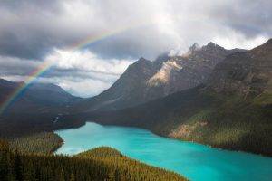nature, Landscape, Rainbows, Lake, Mountain, Forest, Overcast, Sunlight, Trees, Turquoise, Water, Banff National Park, Canada
