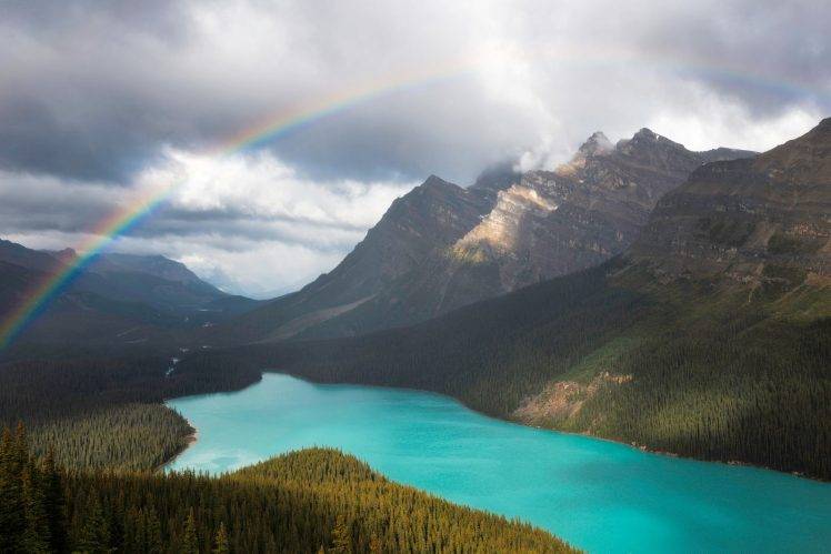 nature, Landscape, Rainbows, Lake, Mountain, Forest, Overcast, Sunlight, Trees, Turquoise, Water, Banff National Park, Canada HD Wallpaper Desktop Background