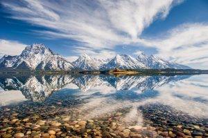 nature, Landscape, Lake, Mountain, Water, Reflection, Snowy Peak, Clouds, Grand Teton National Park, Wyoming