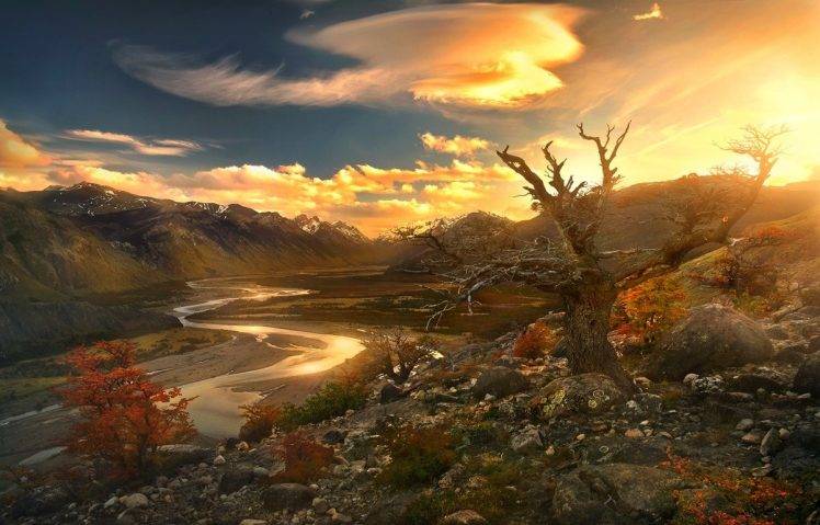 nature, Landscape, River, Sunset, Mountain, Valley, Trees, Shrubs, Clouds, Sky, Sunlight, Patagonia, Argentina HD Wallpaper Desktop Background