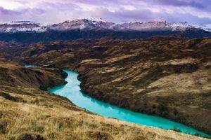 landscape, Nature, Dry Grass, River, Turquoise, Water, Mountain, Patagonia, Snowy Peak, Chile