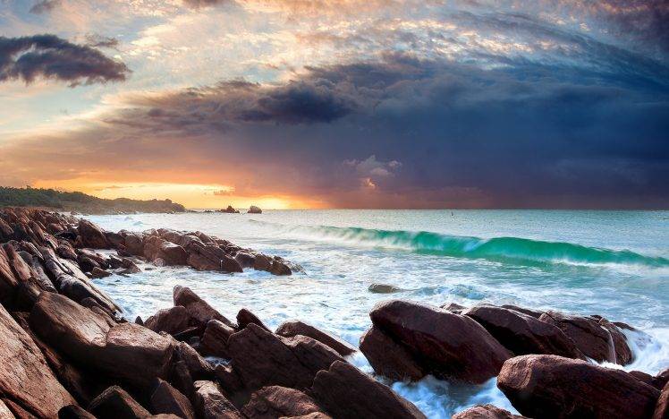 landscape, Nature, Sunrise, Sea, Coast, Waves, Rock, Sky, Clouds HD Wallpaper Desktop Background