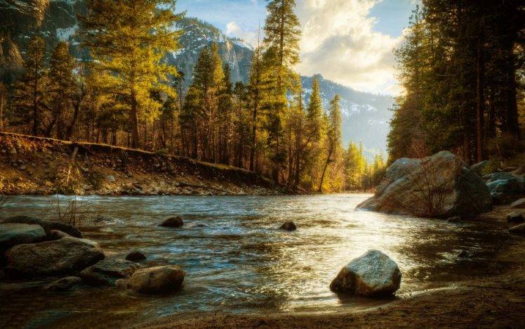 landscape, Nature, River, Forest, Fall, Mountain, Snow, Trees, Sunlight HD Wallpaper Desktop Background