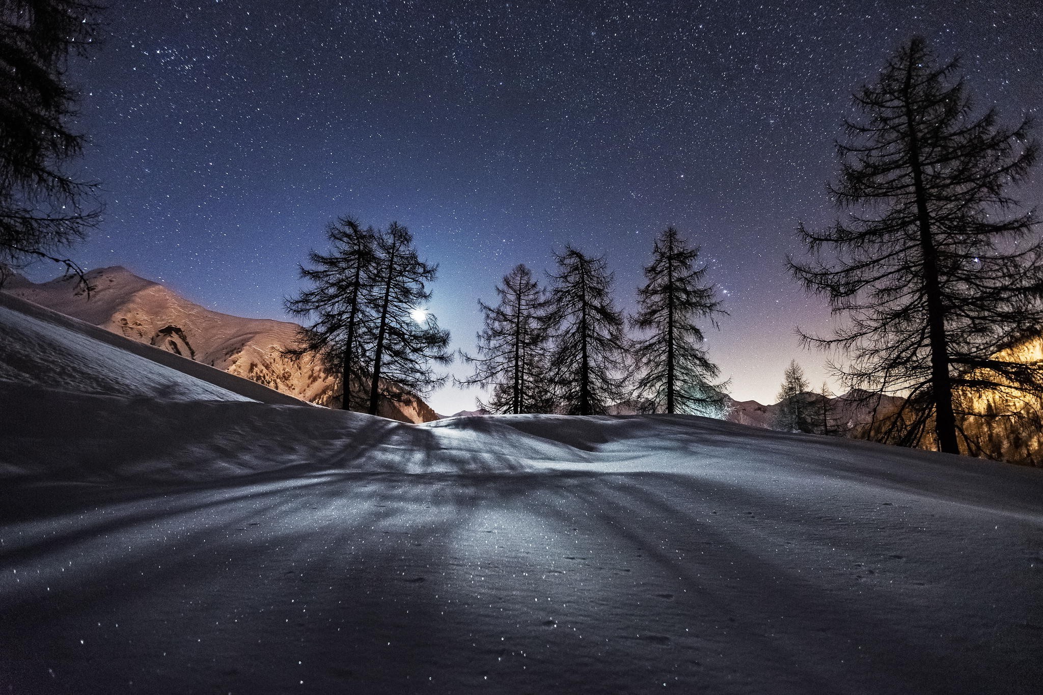 photography, Nature, Landscape, Trees, Night, Mountain, Moon, Snow Wallpaper