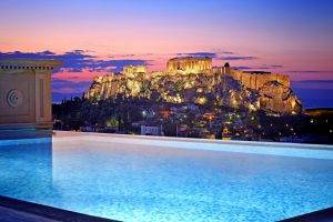 Athens, Greece, City, House, Building, Sunset, Evening, Sky, Clouds, Landscape, Cityscape, Swimming Pool, Lights