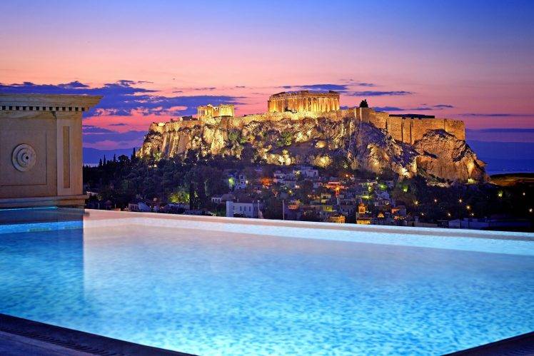 Athens, Greece, City, House, Building, Sunset, Evening, Sky, Clouds, Landscape, Cityscape, Swimming Pool, Lights HD Wallpaper Desktop Background