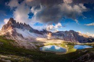 landscape, Nature, Mountains, Sunset, Lake, Cabin, Clouds, Summer, Dolomites (mountains), Alps, Italy