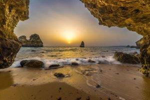 nature, Landscape, Cave, Beach, Sunrise, Rock, Sea, Sand, Horizon, Portugal