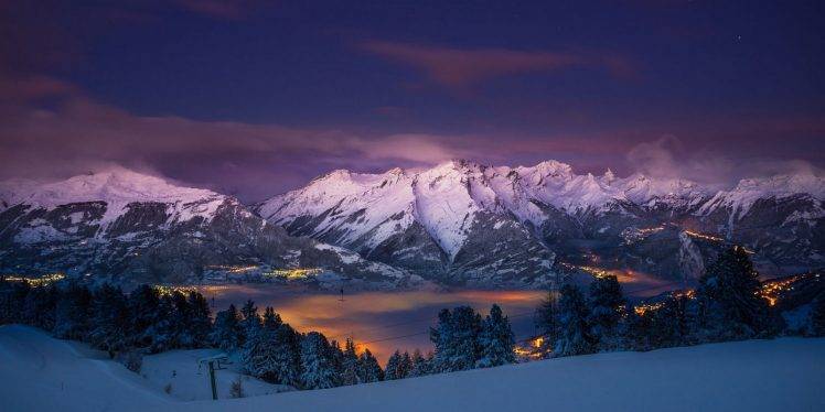 nature, Landscape, Mountains, Snow, Trees, City, Lights, Sunrise, Mist, Alps, Panoramas HD Wallpaper Desktop Background