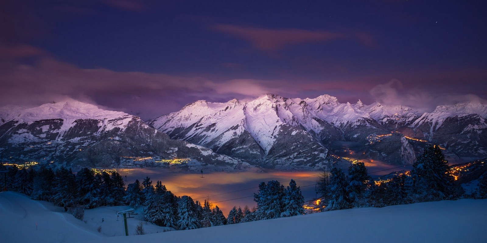 nature, Landscape, Mountains, Snow, Trees, City, Lights, Sunrise, Mist, Alps, Panoramas Wallpaper