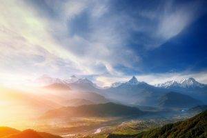 nature, Landscape, Mountains, Sunrise, Valley, Mist, River, City, Himalayas, Snowy Peak, Nepal, Clouds