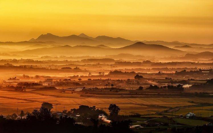nature, Landscape, Mist, Valley, Sunrise, Mountains, Village, Amber, Field HD Wallpaper Desktop Background