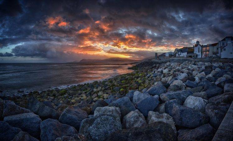 nature, Landscape, Coast, Sea, Sunrise, Sky, Clouds, Town, Rock, Island, UK HD Wallpaper Desktop Background