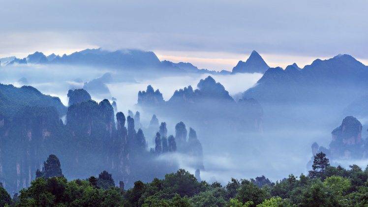 nature, Landscape, Morning, Mist, Mountains, Forest, Clouds, Sunrise, Trees, Guilin, China HD Wallpaper Desktop Background