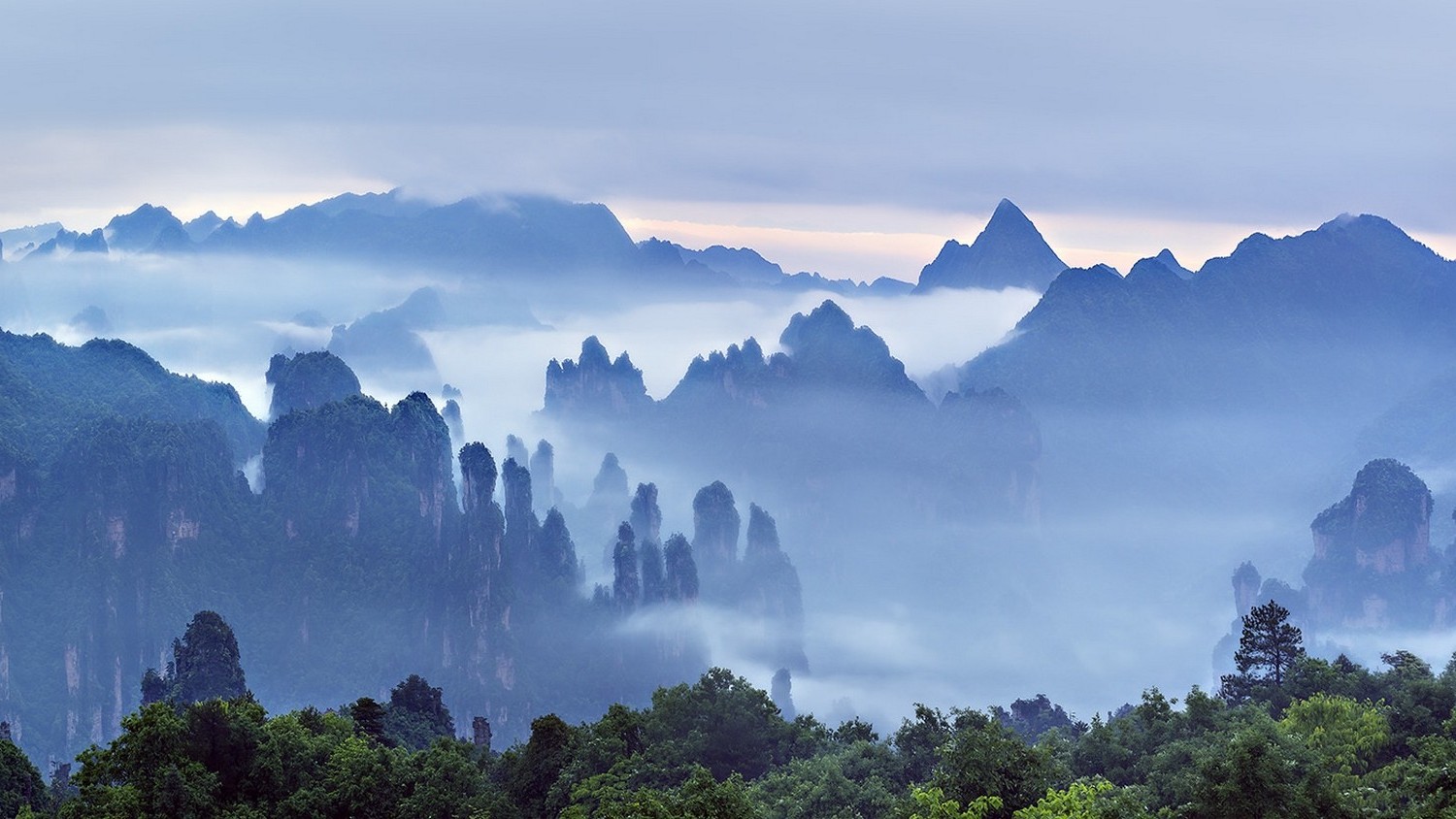 nature, Landscape, Morning, Mist, Mountains, Forest, Clouds, Sunrise, Trees, Guilin, China Wallpaper