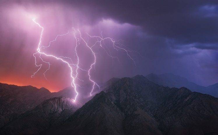 nature, Landscape, Mountains, Lightning, Storm, Electric, Clouds, Thunder, Death Valley, California HD Wallpaper Desktop Background