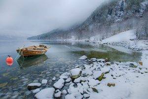 nature, Landscape, Snow, Lake, Mountains, Winter, Boat, Mist, Calm, Cold
