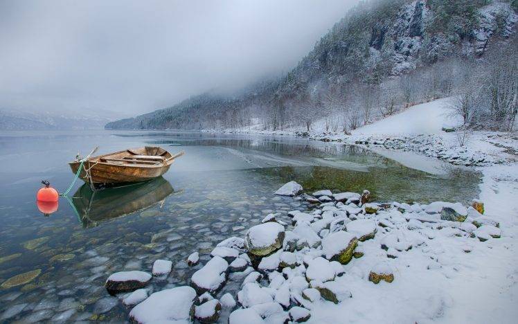 nature, Landscape, Snow, Lake, Mountains, Winter, Boat, Mist, Calm, Cold HD Wallpaper Desktop Background