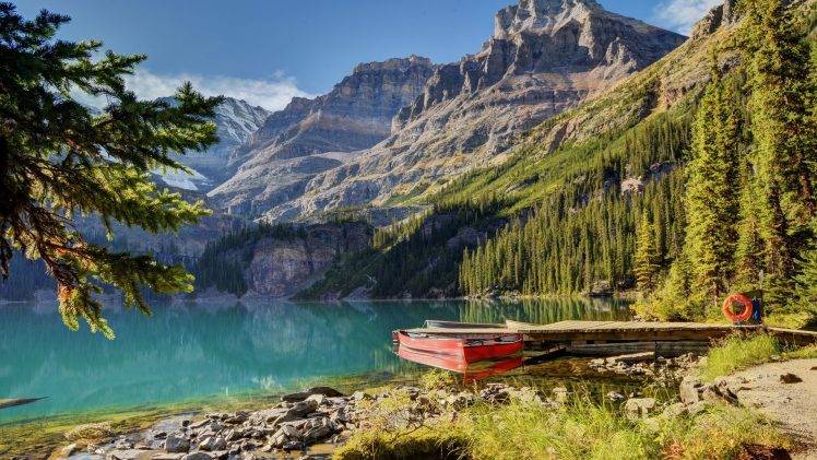 lake, Boat, Mountains, Landscape, Water, Trees HD Wallpaper Desktop Background