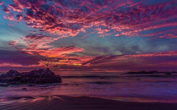 landscape, California, Sunset, Clouds, Rock, Sea, Bay HD Wallpaper Desktop Background