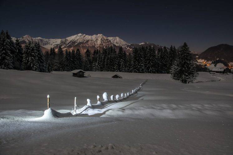 night, Mountains, Winter, Landscape, Nature, Snow HD Wallpaper Desktop Background
