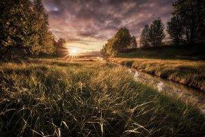 landscape, Nature, Summer, Midnight, Sun Rays, Trees, Grass, Sunset, Sky, Clouds, River, Norway