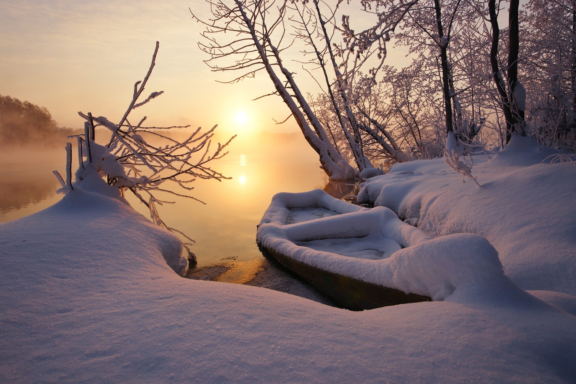 landscape, Nature, Winter, Sunset, Snow, Lake, Boat, Frost, Trees, Mist, Cold, Sunlight Wallpaper