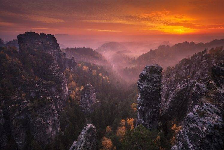 nature, Landscape, Sunset, Mountains, Forest, Fall, Mist, Sky, Clouds, Rock, Trees, Germany HD Wallpaper Desktop Background