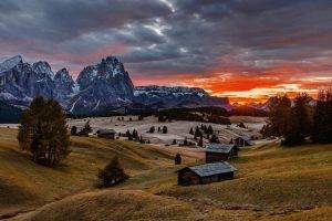 nature, Landscape, Colorful, Sunrise, Hut, Mountains, Trees, Snowy Peak, Clouds, Sky, Italy