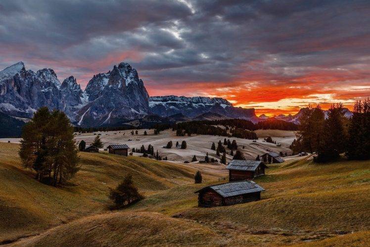 nature, Landscape, Colorful, Sunrise, Hut, Mountains, Trees, Snowy Peak, Clouds, Sky, Italy HD Wallpaper Desktop Background