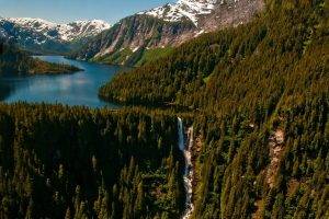 nature, Landscape, Forest, Mountains, Lake, Waterfall, Snowy Peak, Trees, Summer, Alaska