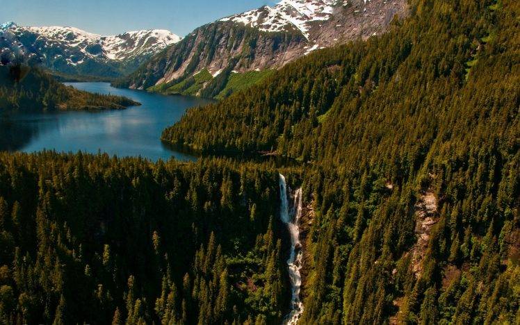 nature, Landscape, Forest, Mountains, Lake, Waterfall, Snowy Peak, Trees, Summer, Alaska HD Wallpaper Desktop Background