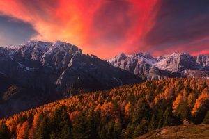 nature, Landscape, Alps, Mountains, Snowy Peak, Sunset, Fall, Forest, Clouds, Sky, Trees