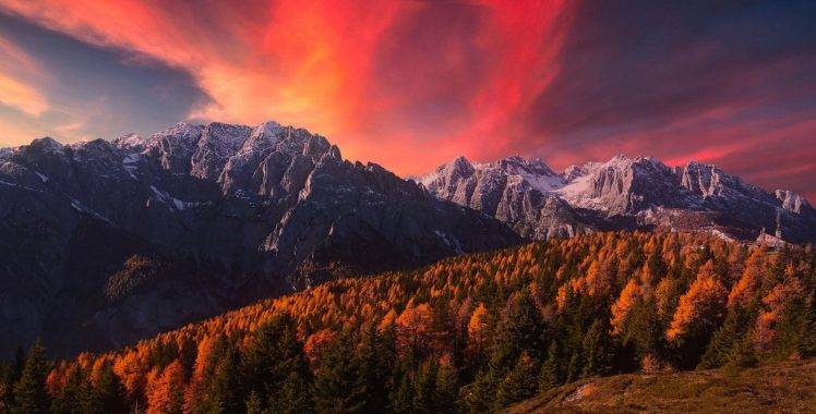 nature, Landscape, Alps, Mountains, Snowy Peak, Sunset, Fall, Forest, Clouds, Sky, Trees HD Wallpaper Desktop Background