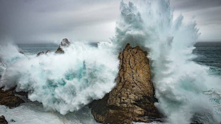 water, Nature, Landscape, Sea, Waves, Rock, Clouds, Splashes HD Wallpaper Desktop Background