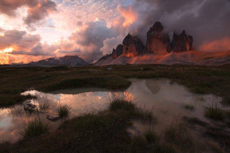 nature, Landscape, Mountains, Sunset, Clouds, Sunlight, Pond, Grass, Sky, Italy HD Wallpaper Desktop Background