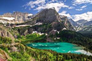 nature, Landscape, Lake, Turquoise, Water, Mountains, Forest, Glacier National Park, Trees, Snow, Montana