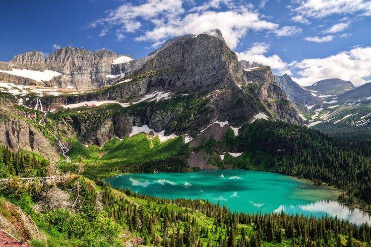 nature, Landscape, Lake, Turquoise, Water, Mountains, Forest, Glacier National Park, Trees, Snow, Montana HD Wallpaper Desktop Background