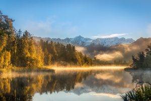 nature, Landscape, Lake, Sunrise, Mountains, Snowy Peak, Mist, Water, Reflection, Sunlight, Trees, New Zealand