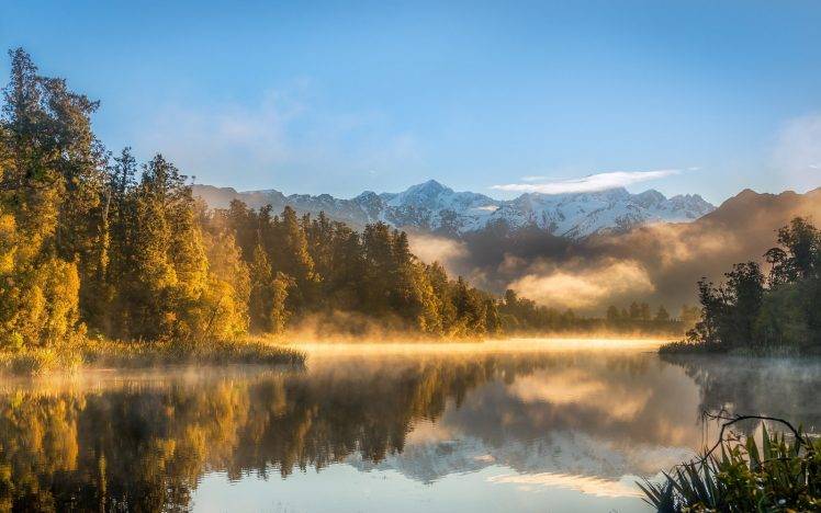 nature, Landscape, Lake, Sunrise, Mountains, Snowy Peak, Mist, Water, Reflection, Sunlight, Trees, New Zealand HD Wallpaper Desktop Background