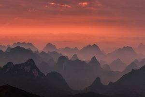 nature, Landscape, Sunrise, Mountains, Mist, Pink, Sky, Guilin, National Park, China