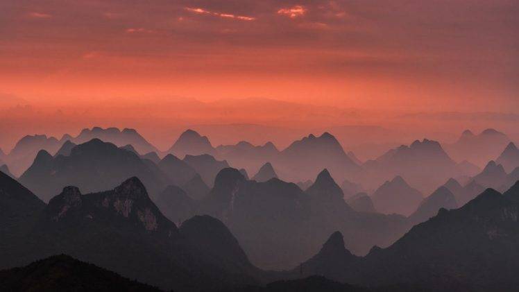 nature, Landscape, Sunrise, Mountains, Mist, Pink, Sky, Guilin, National Park, China HD Wallpaper Desktop Background