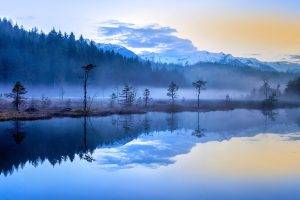 nature, Landscape, Mist, Lake, Sunrise, Forest, Mountains, Snowy Peak, Blue, Water, Reflection, Italy