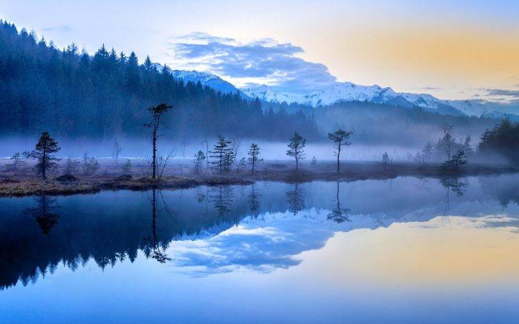 nature, Landscape, Mist, Lake, Sunrise, Forest, Mountains, Snowy Peak, Blue, Water, Reflection, Italy HD Wallpaper Desktop Background