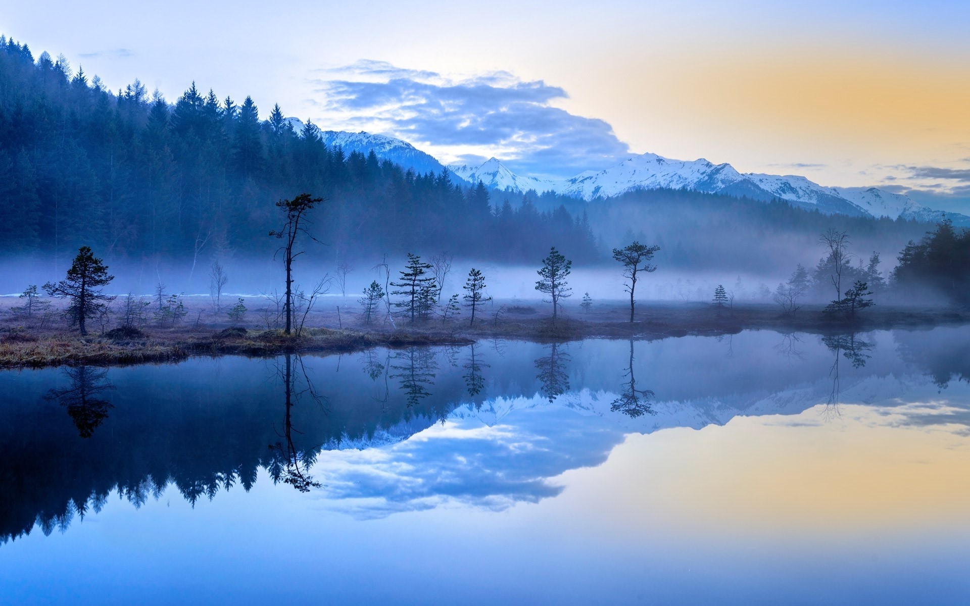 nature, Landscape, Mist, Lake, Sunrise, Forest, Mountains, Snowy Peak, Blue, Water, Reflection, Italy Wallpaper