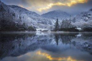 nature, Landscape, Hills, Snow, Winter, Lake, Clouds, Sunset, Water, Reflection, Trees