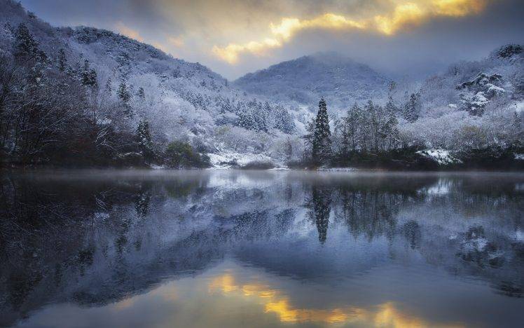 nature, Landscape, Hills, Snow, Winter, Lake, Clouds, Sunset, Water, Reflection, Trees HD Wallpaper Desktop Background